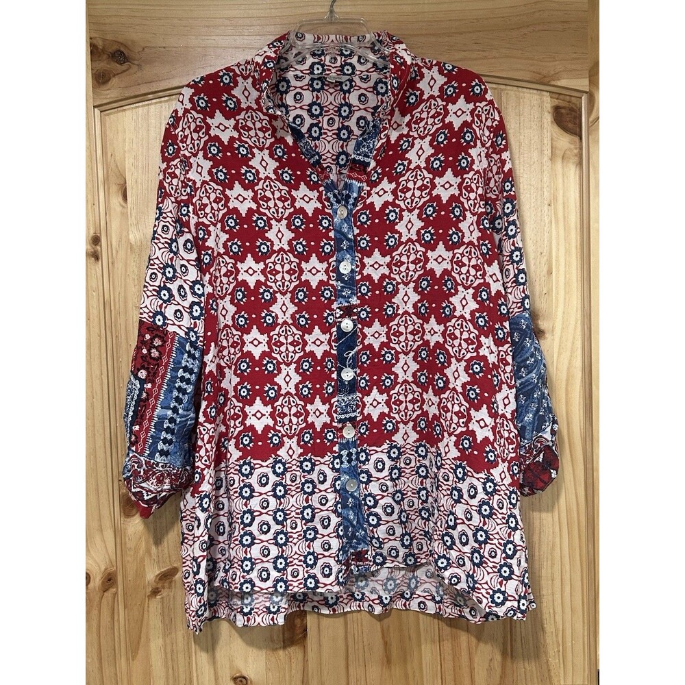 John Mark Blouse Red White Blue Boho Button Front 3/4 Sleeves Floral Flowy 1XL